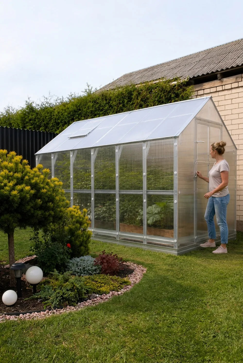 Woman opening the door of her greenhouse in a landscaped backyard