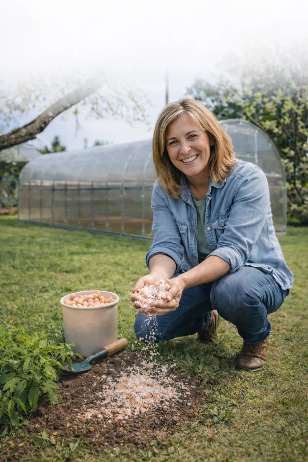Woman sprinkling crushed eggshells onto garden soil