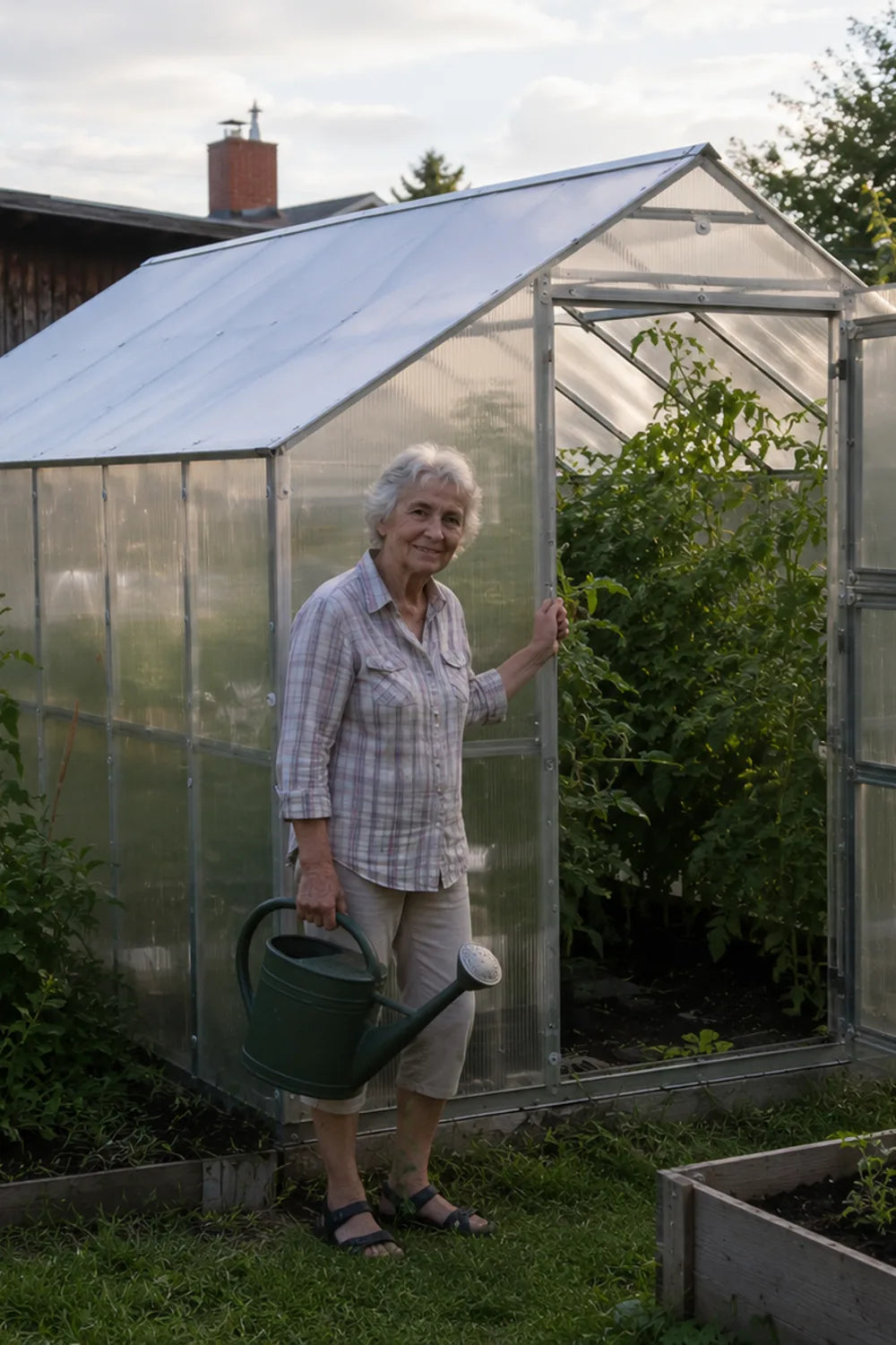 Woman with a watering can standing at the open door of her greenhouse