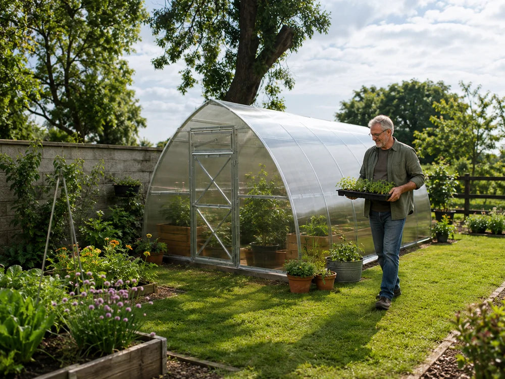 Gardener carrying a tray of seedlings past an arched greenhouse in spring