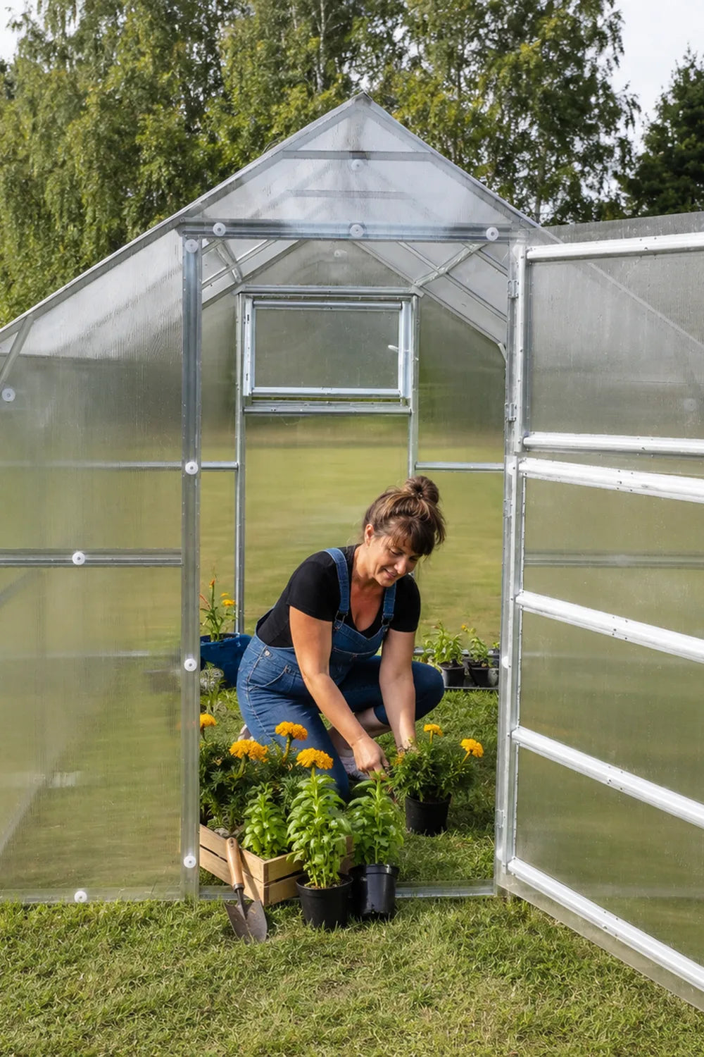Woman tending seedlings and marigolds in the doorway of her greenhouse