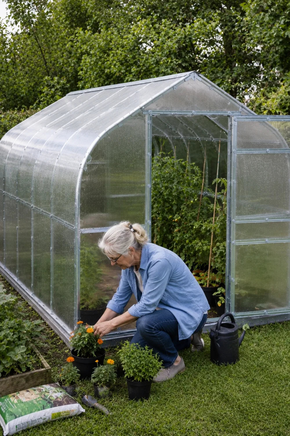 Woman planting flowers beside her greenhouse