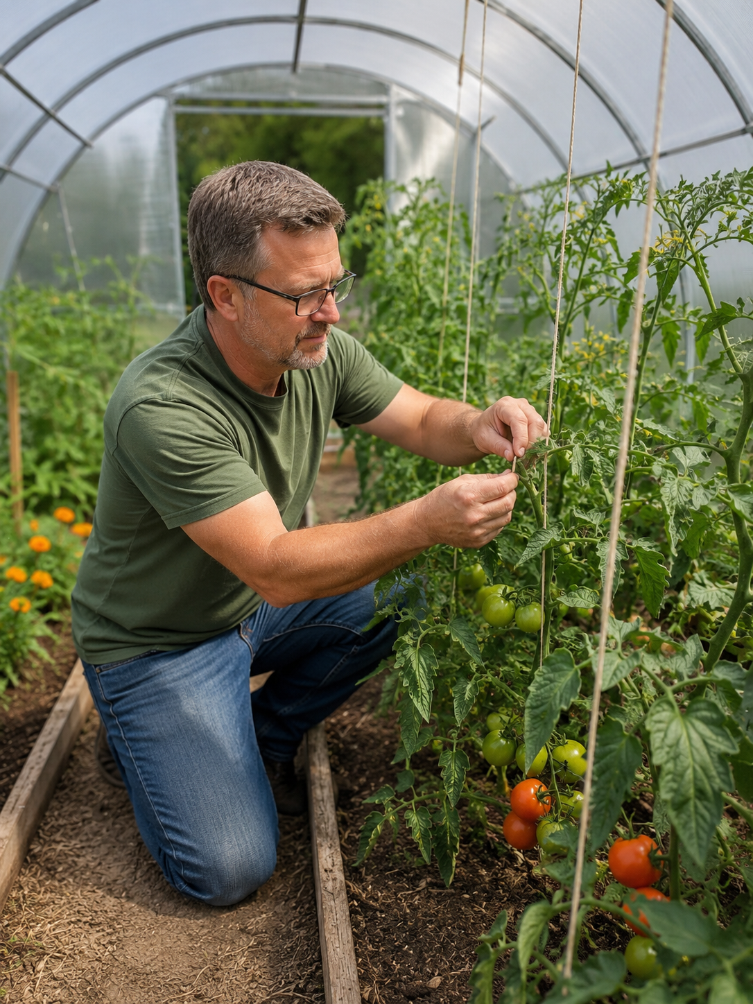 Gardener tying tomato plants to support strings inside a greenhouse