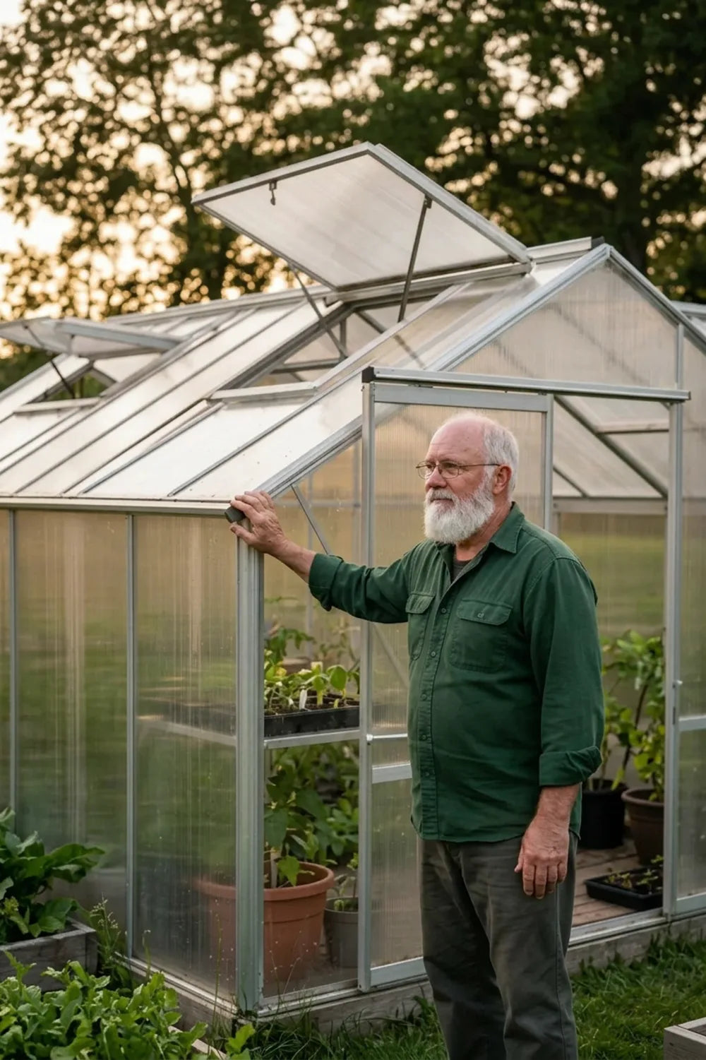 Man standing at his greenhouse with the roof vents open