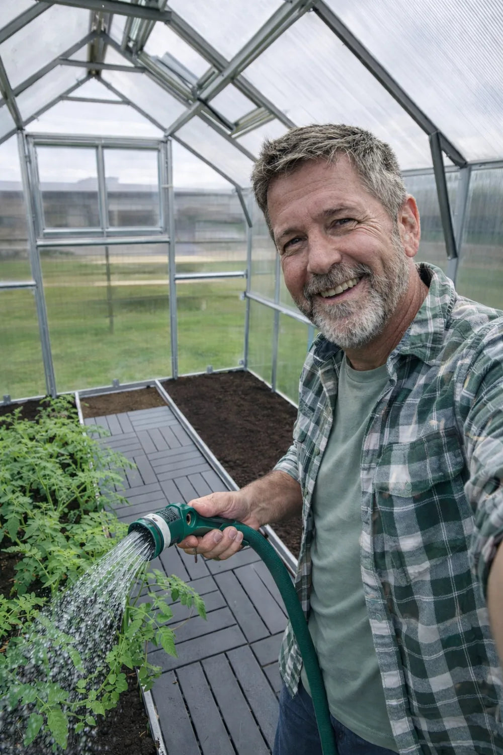 Man watering plants with a hose inside his greenhouse