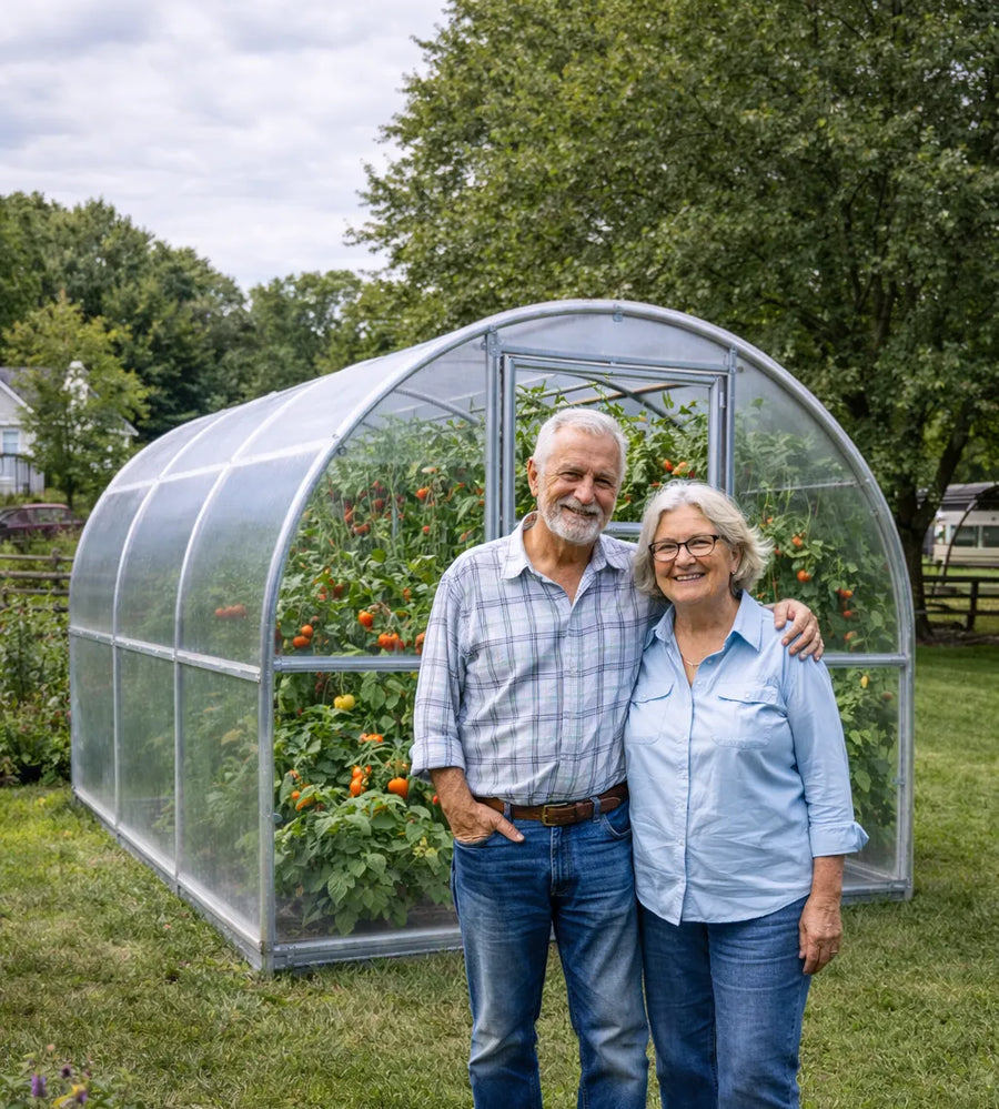 Happy couple standing in front of their Dear John Greenhouses Classic Slim greenhouse